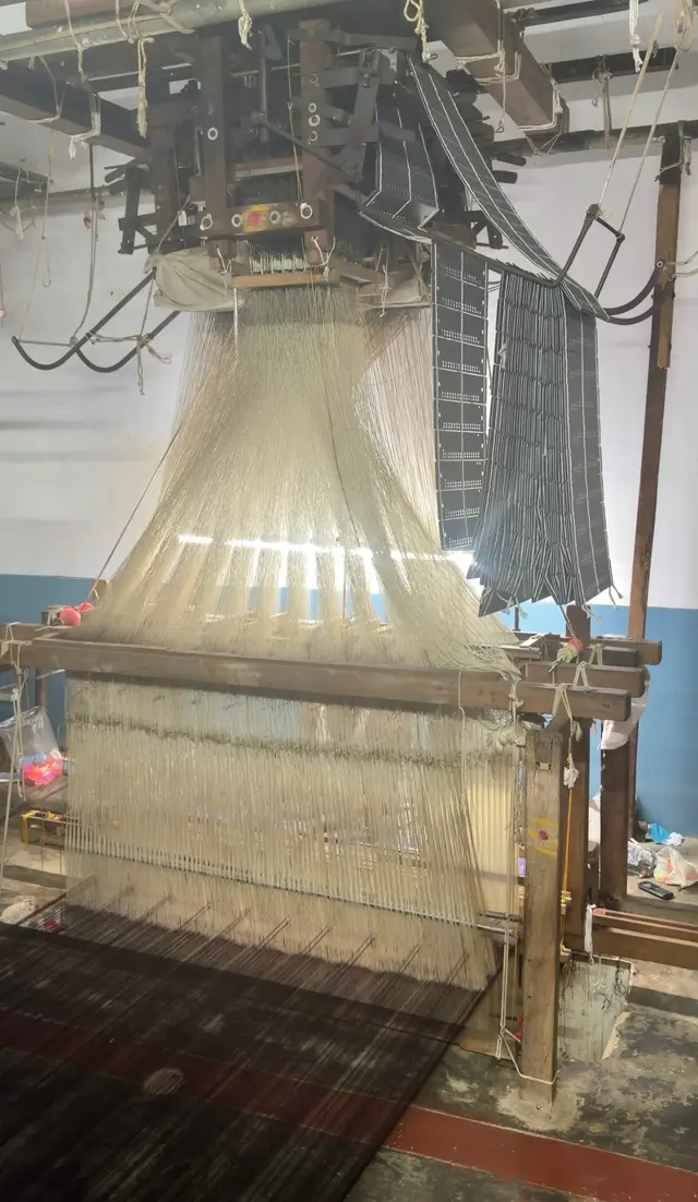 A jacquard loom with its chain of punched pattern cards above the silk warp